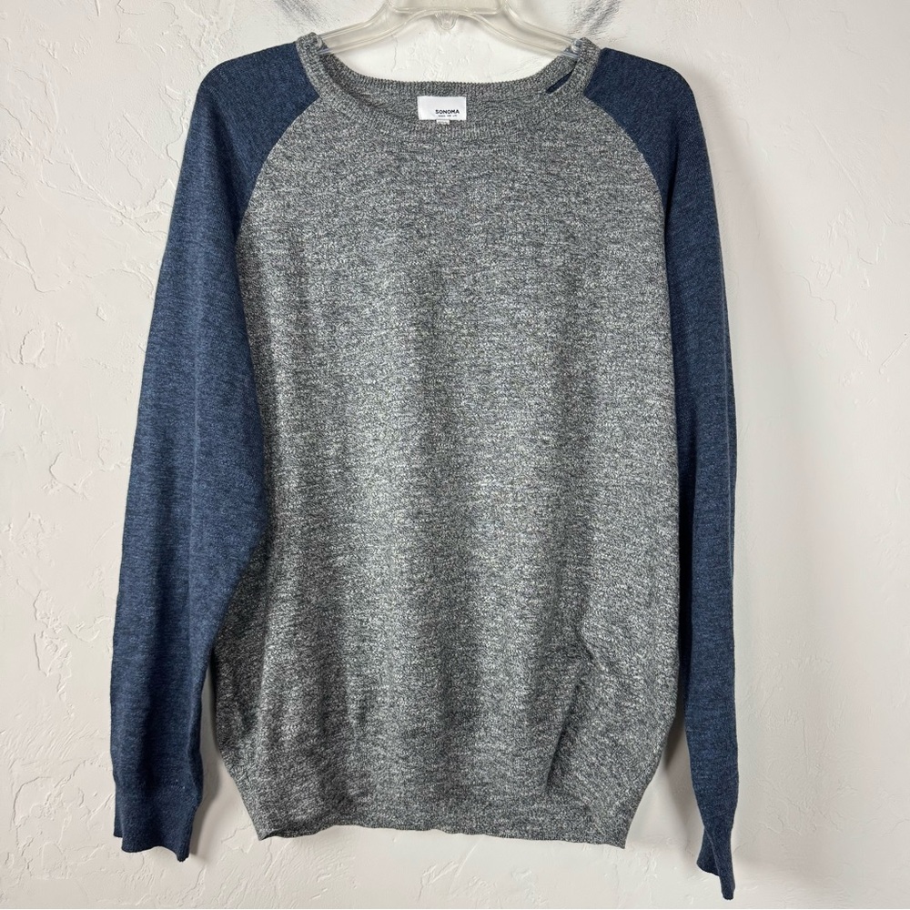 Sonoma Kohls Sweater Pullover Sweatshirt Knit Top Raglan Heather Grey‎ Navy Blue